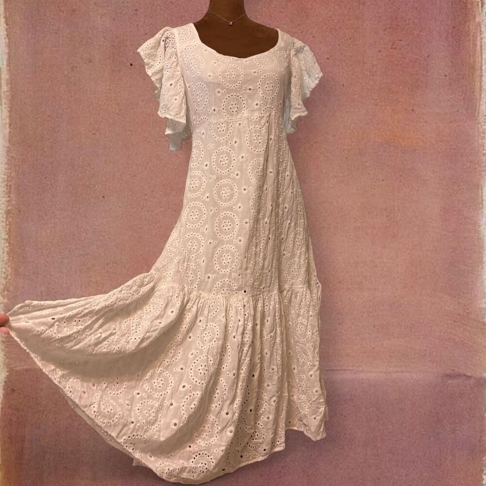 Eyelet Boho Cottage Feminine White Maxi Dress with Ruffled Sleeves